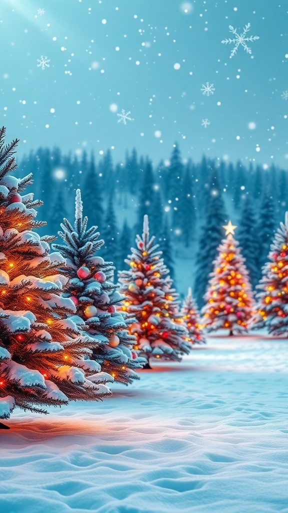 A cheerful Christmas background with snowflakes, Christmas trees, and twinkling lights.